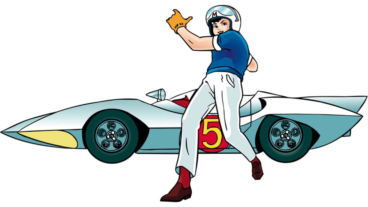 A cartoon image of a race car and a race car driver. 
